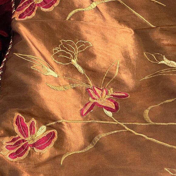 Rare Vintage Queen Wine Burgundy Gold Braid Lily Brown Silk Microsuede Coverlet - Picture 8 of 16